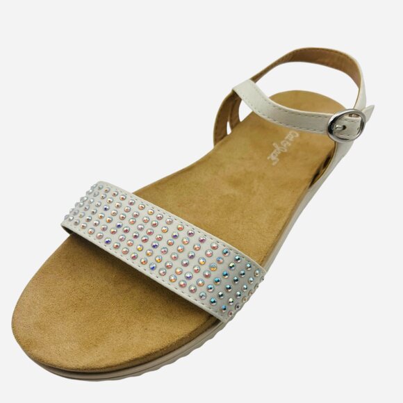 Girls' White Sandals Rhinestone Strap Ankle Buckle Open Toe Summer Shoes Size 4 - Picture 1 of 8